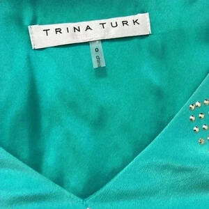 Trina Turk, turquoise rhinestone art deco, V-neck shift dress zero